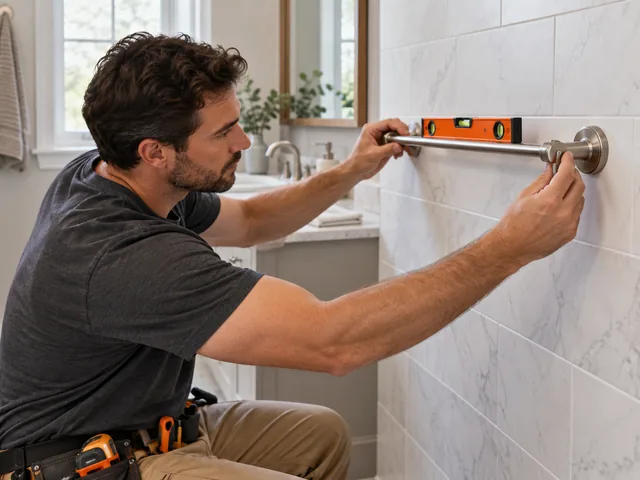 Towel bar being mounted level on a tiled bathroom wall