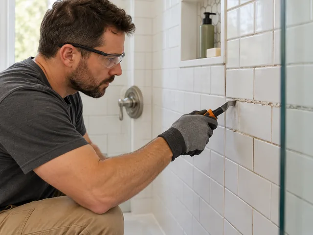 Old shower grout being raked out between white wall tiles before regrouting