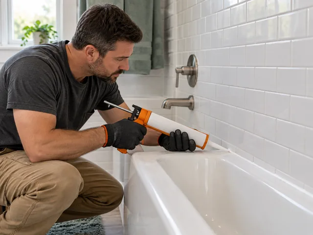 Illustrative handyman applying a clean white caulk bead along a bathtub