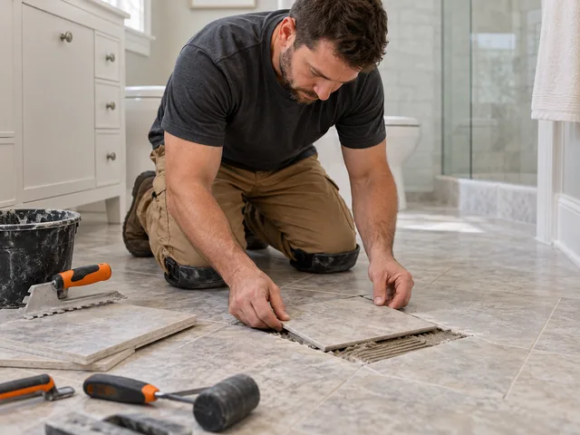Cracked bathroom floor tile being replaced with a matching tile