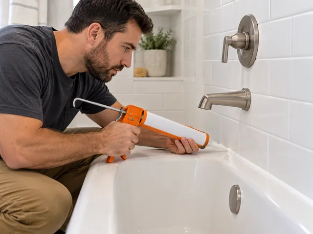 Illustrative handyman applying fresh caulk along a bathtub and tile joint