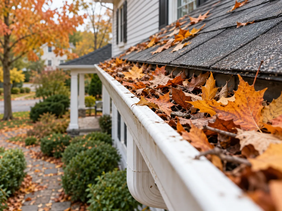 Clean gutters and fall leaves on a New Jersey house before winter