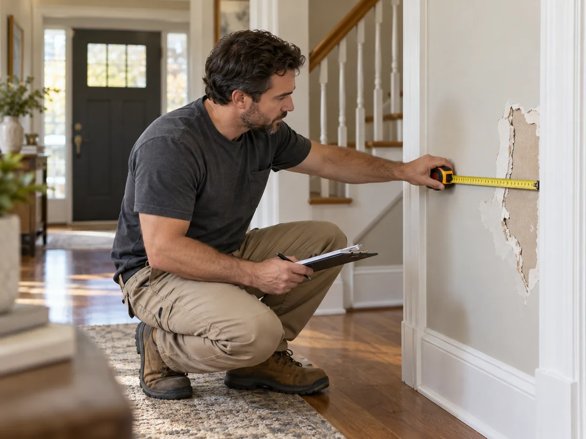 Handyman measuring a damaged wall section before writing a repair quote in a New Jersey home