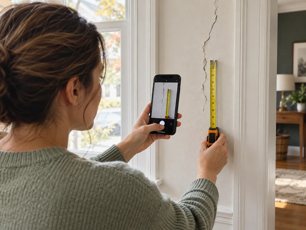 Homeowner photographing a wall crack with a tape measure in the frame for a handyman quote