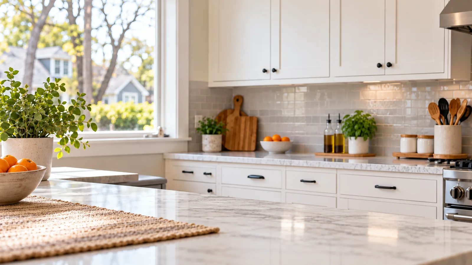 Sunlit kitchen with white cabinets, a stone counter and wood accessories for home repair guides