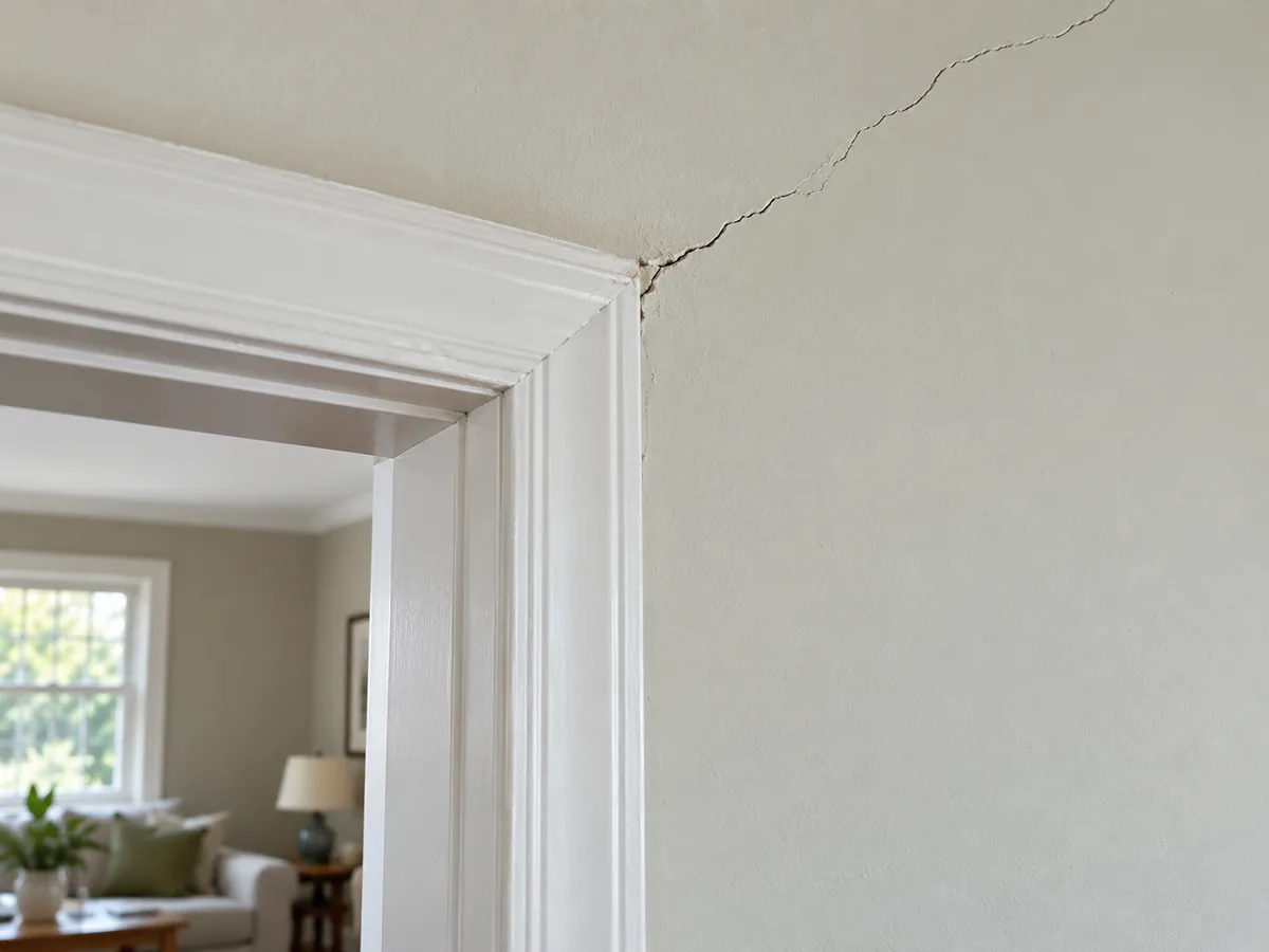 Diagonal crack running from the corner of a door frame on a painted interior wall