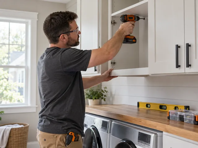 Wall cabinets being leveled and fastened in a New Jersey laundry room