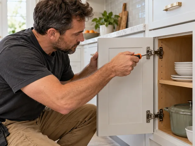 Kitchen cabinet hinge being adjusted so the door closes straight