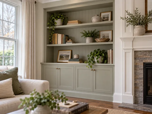 Painted built-in shelves fitted into a living room alcove in New Jersey