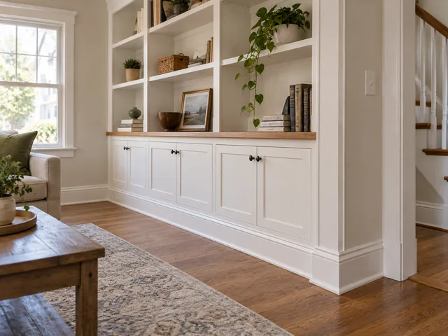 New baseboard trim and built-in shelving installed in a New Jersey home