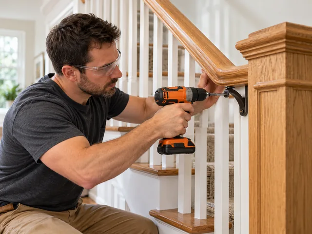 Loose wooden stair handrail bracket being re-anchored into the wall