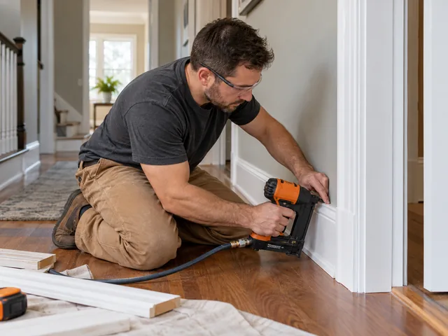 New baseboard and door casing being fitted along a plaster wall