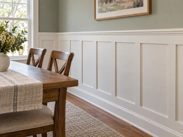 Board and batten wainscoting with chair rail on a dining room wall