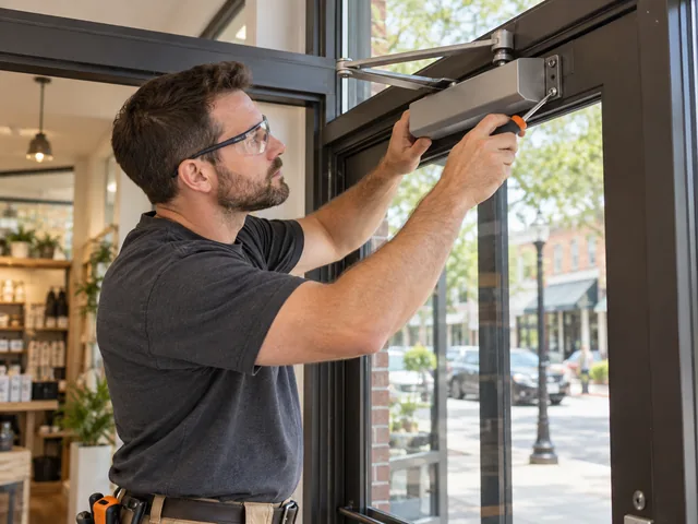 Store door closer being adjusted at a small retail shop entrance
