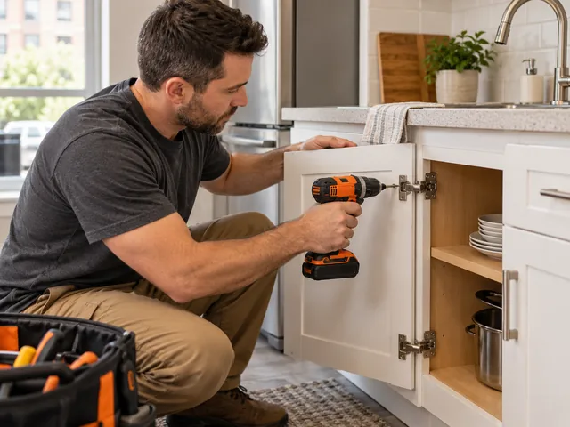 Handyman repairing a cabinet door in an occupied rental apartment kitchen