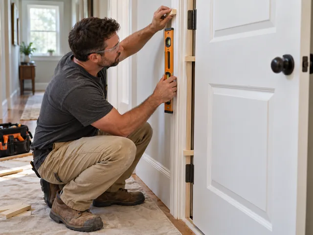 New prehung interior door being shimmed level in its frame
