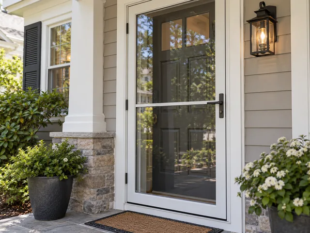 Full-view storm door installed over a front door with a new closer