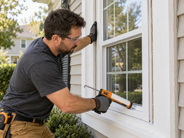 Replacement window being sealed and trimmed in a newer New Jersey home