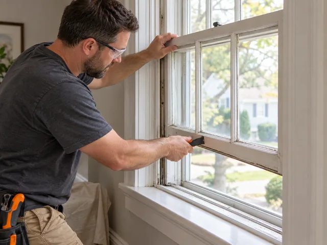 Old double-hung wood window with the sash cord being replaced