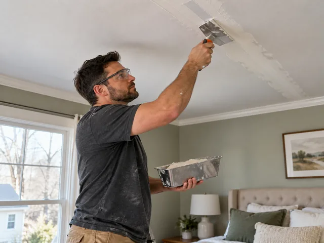 Ceiling crack being taped and finished in a New Jersey bedroom