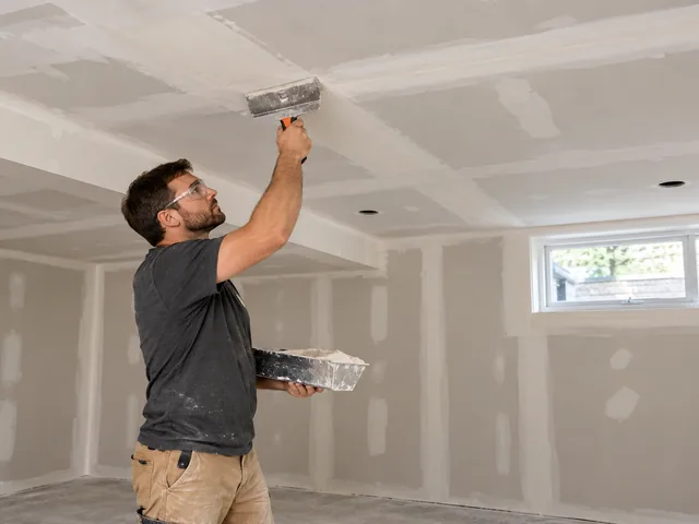 New drywall sheets hung and taped in a small basement room