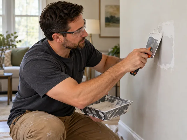 Drywall hole being patched with joint compound on a living room wall
