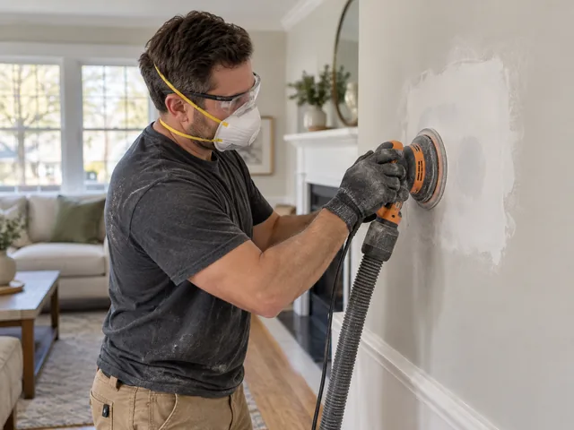 Drywall wall patch being sanded smooth in a New Jersey living room