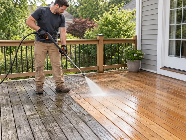 Gray weathered deck boards next to boards that have been cleaned and brightened