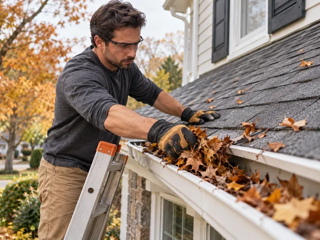 Wet fall leaves being cleared from a house gutter before winter