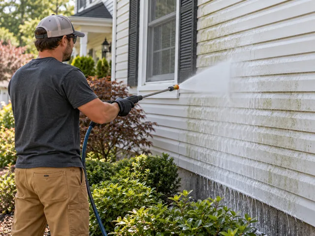 Vinyl siding being soft washed at low pressure to remove green mildew