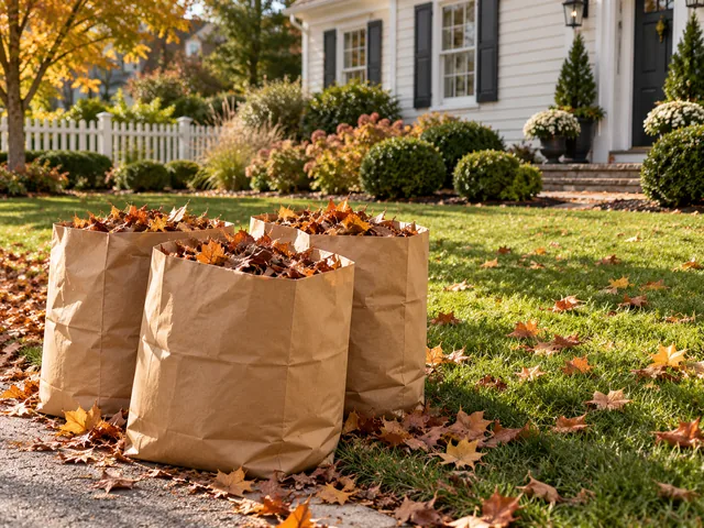 Fall leaves raked and packed into brown paper yard-waste bags at the curb in New Jersey