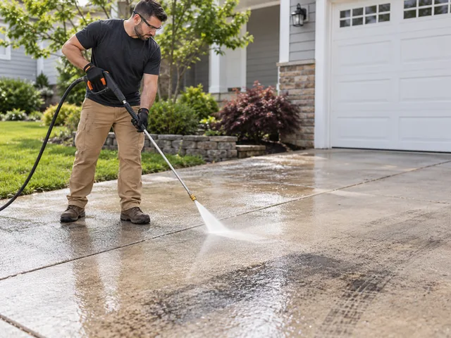 Concrete driveway being pressure washed to lift oil and tire marks in New Jersey