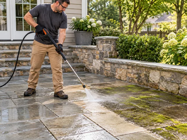Concrete walkway being pressure washed, with a clean stripe through the dirt