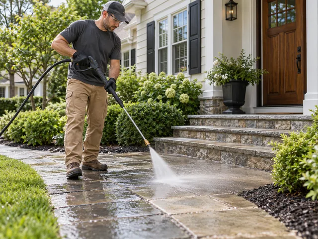 Pressure washer cleaning a stone walkway in front of a New Jersey home