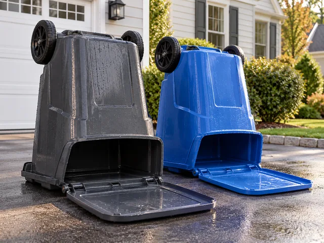 Clean garbage and recycling bins drying upside down next to a New Jersey driveway