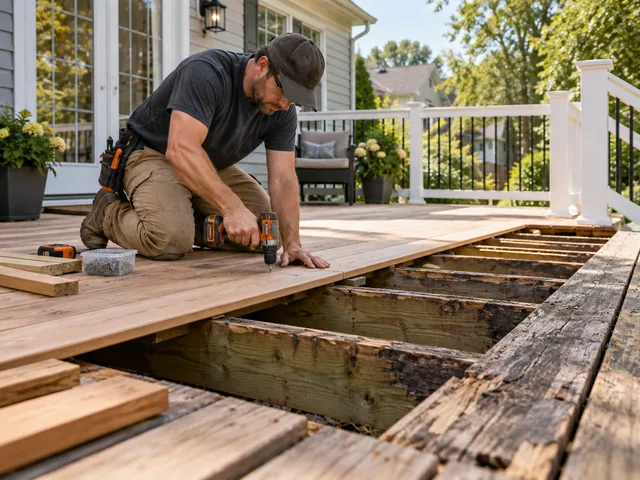Rotted deck boards being replaced next to the stairs of a backyard deck