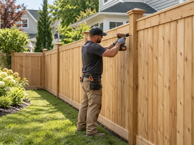 New wood privacy fence and gate installed along a suburban yard
