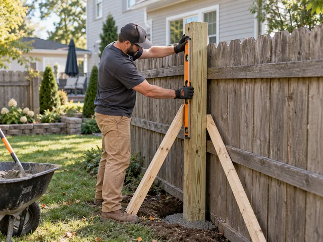Leaning wood fence post being reset in a New Jersey backyard
