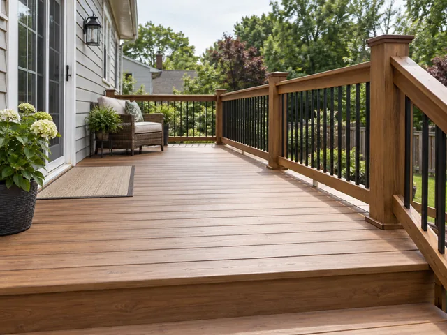 Wood deck with replaced boards and a secure railing behind a New Jersey house