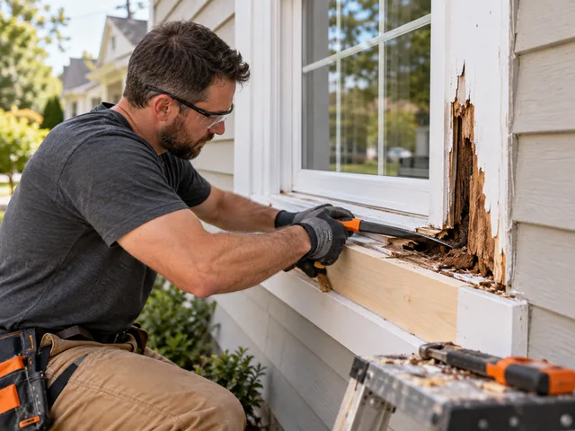 Rotted window sill and trim cut out for repair on an older home