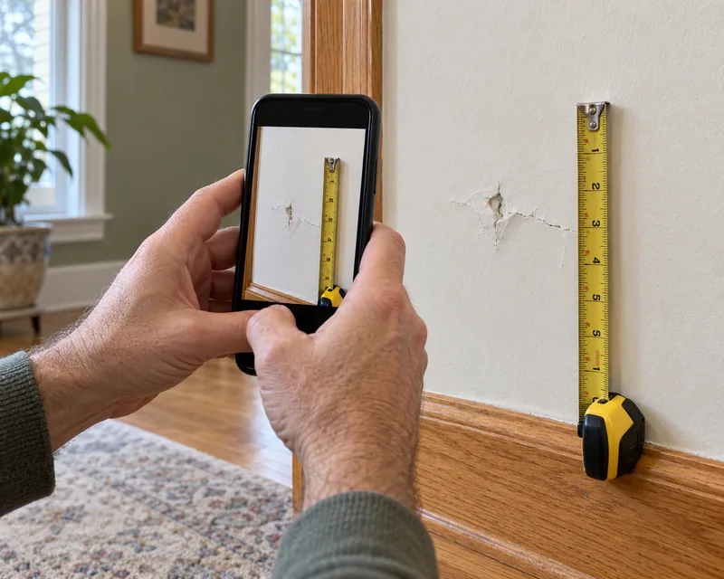 Homeowner taking a close-up phone photo of wall damage to send for a handyman quote