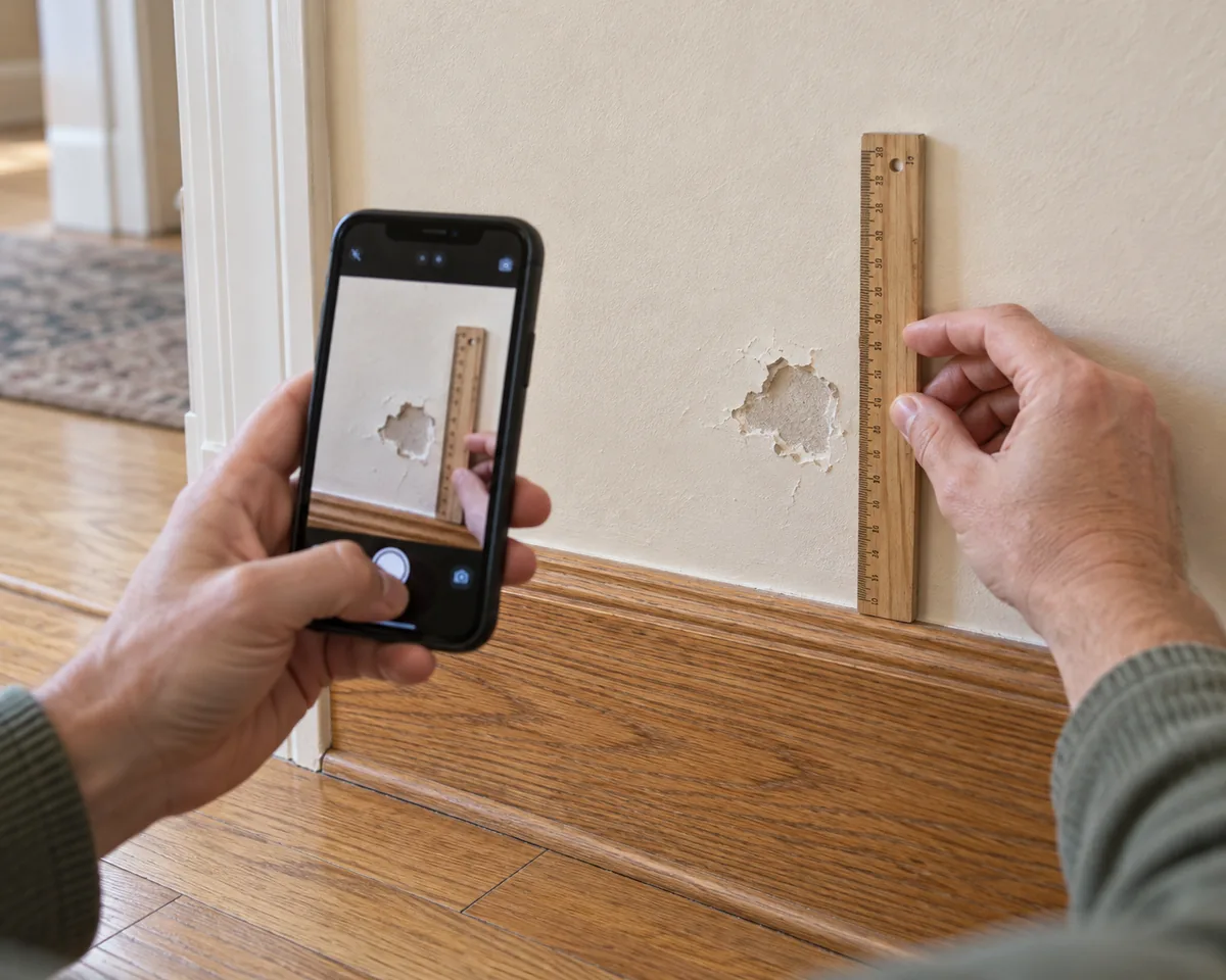 Homeowner photographing chipped plaster while holding a ruler against the wall for scale