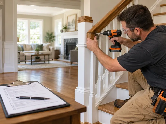 Home inspection report beside a loose stair railing being tightened