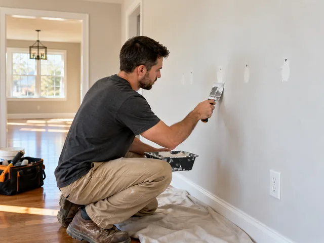 Wall anchor holes being patched in an empty apartment before the walkthrough