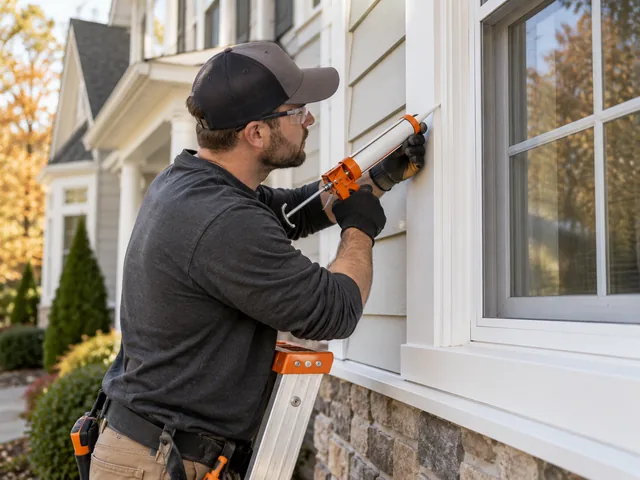 Fresh exterior caulk being applied around a window trim before winter