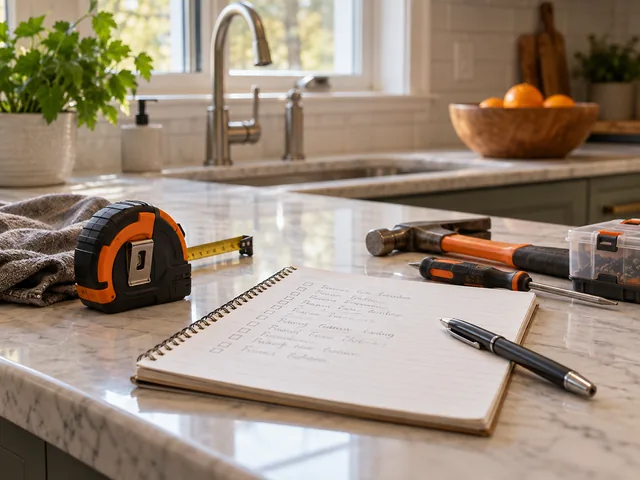 Handwritten home repair notes on a kitchen counter next to tools