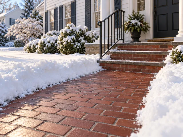 Freshly shoveled front walk and steps after a snowstorm at a New Jersey home