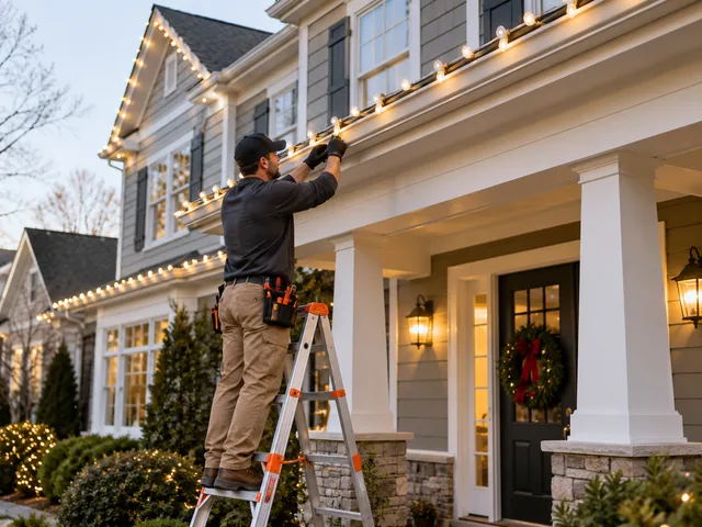 Warm white holiday lights clipped along the roofline of a New Jersey home