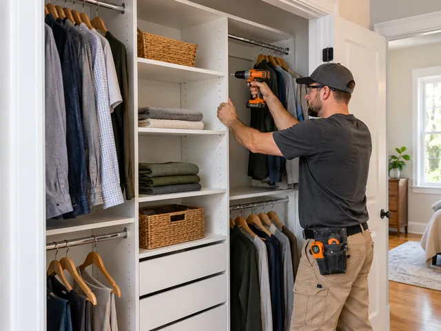 Closet organizer with shelves and hanging rods installed in a reach-in closet