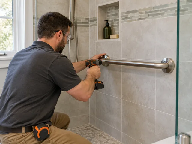 Stainless steel grab bar anchored to a tiled shower wall in a New Jersey bathroom